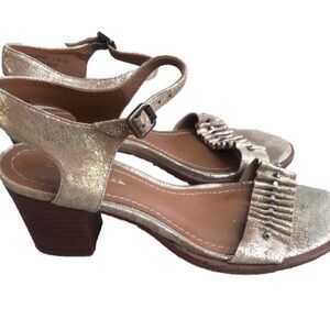 Trask Carrie Metallic Gold Leather Peep Toe Heels. Size 6.